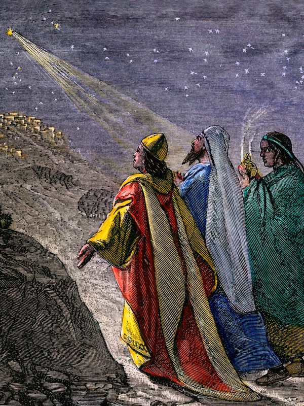 «Als Jesus zur Zeit des Königs</span><span> </span><span>Herodes in Bethlehem <br>in Judäa </span><span>geboren worden <br>war, siehe, da kamen <br>Sterndeuter aus dem Osten nach Jerusalem und </span><span>fragten: <br>‹Wo ist der neugeborene König der Juden? Wir haben </span><span>seinen Stern aufgehen sehen und sind gekommen, um ihm</span><span> zu huldigen.›»