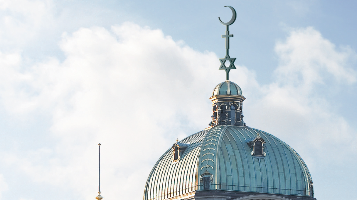 Bildmontage mit der Bundeshauskuppel und den Symbolen der drei monotheistischen Religionen.