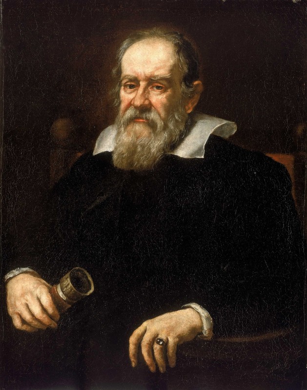 Ein Gemälde von Galileo Galilei als alter Mann, mit nachdenklichem, etwas mürrischem Gesichtsausdruck.